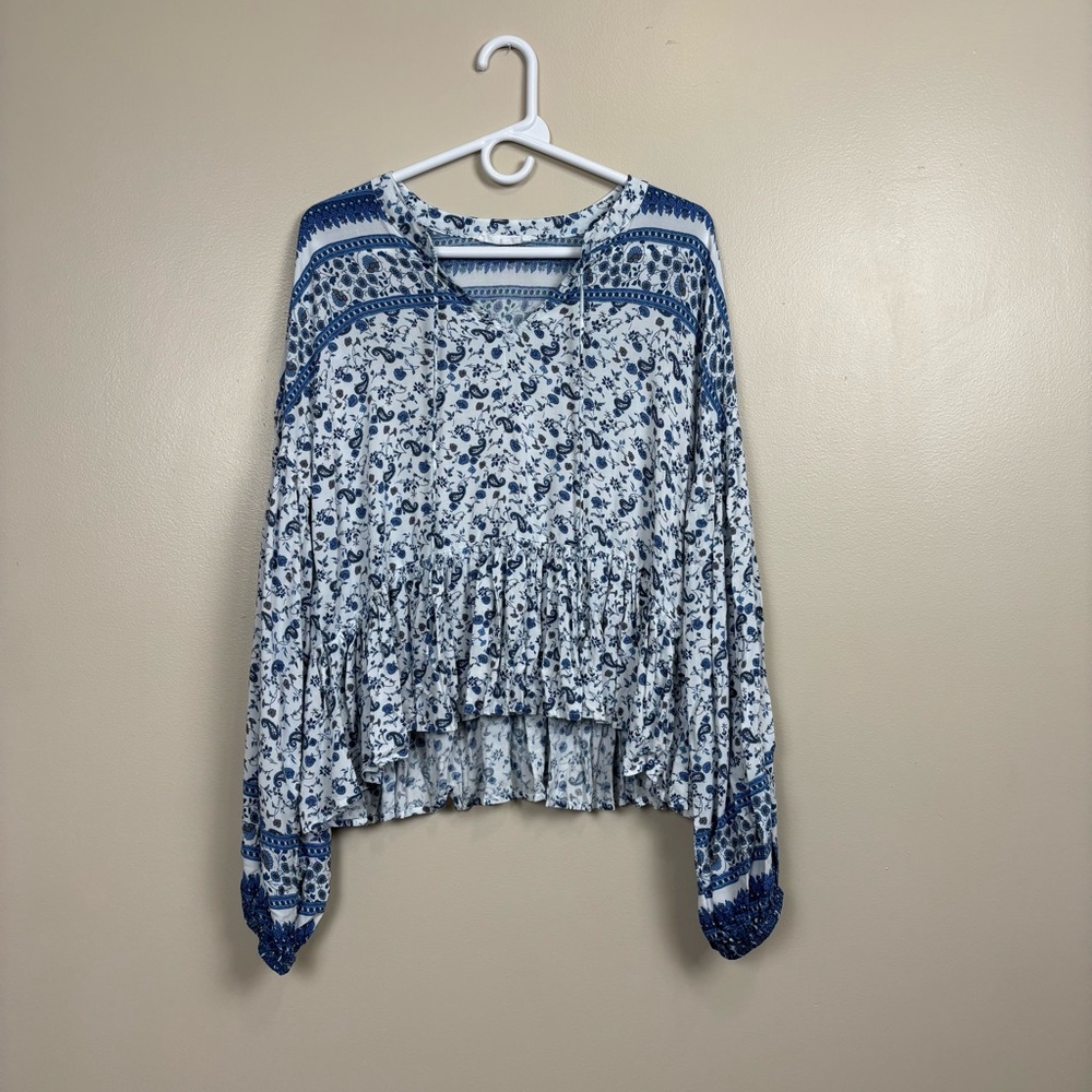 Talulah Top Womens‎ Large Blue White Paisley Peplum Floral Cottagecore Prairie